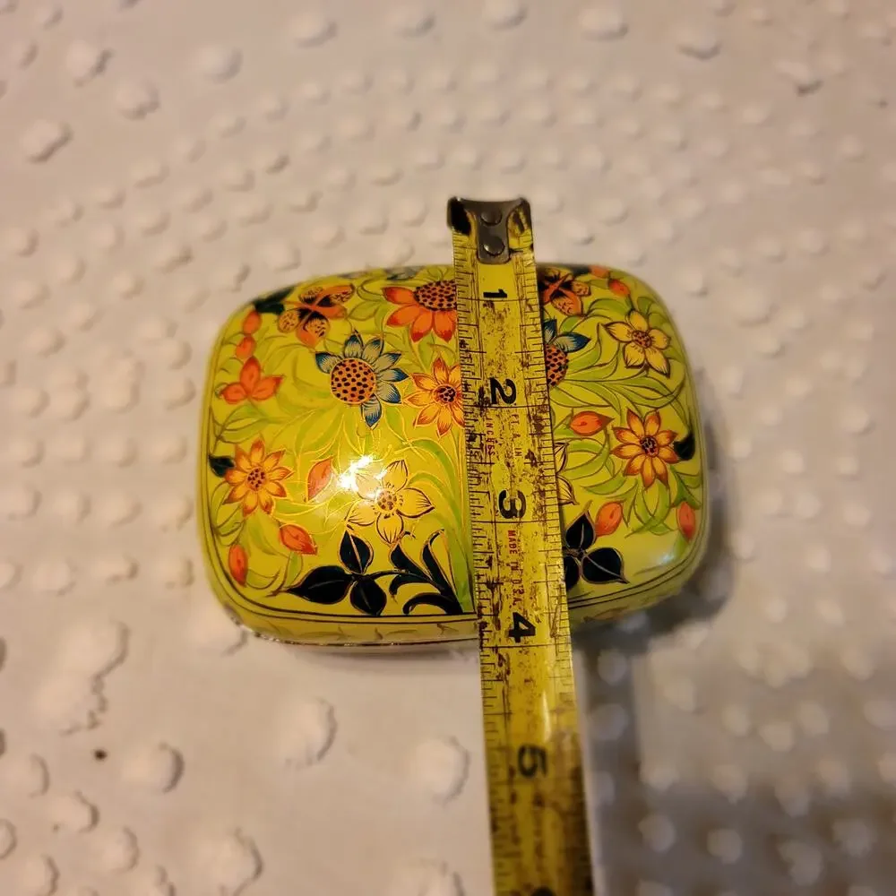 Vintage Kashmiri Yellow Floral Lacquer Trinket Lidded Box
